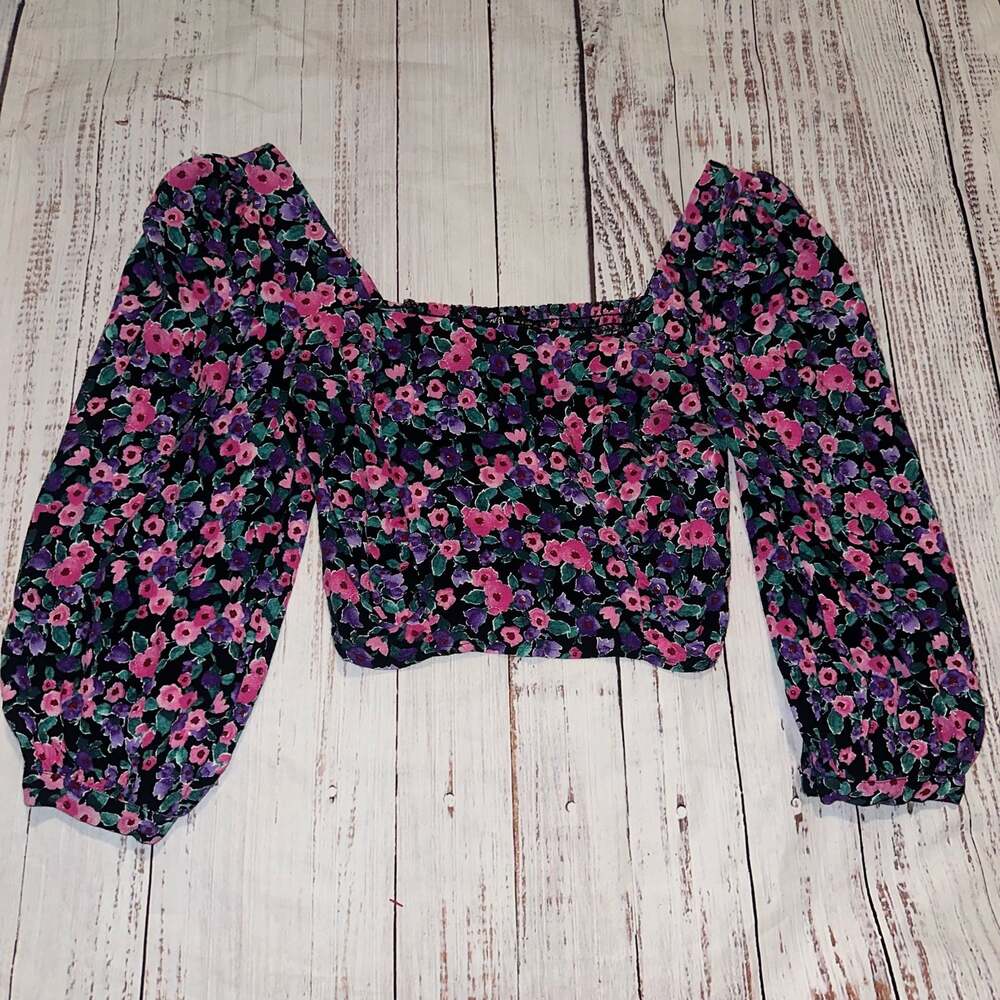 Zara y2k Floral Print Smocked Bodice Puff Sleeve Cropped Top-S